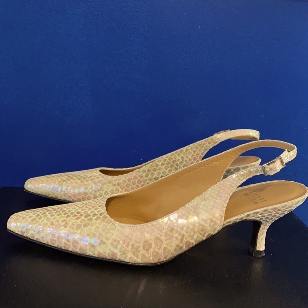 Women’s Vintage Stuart Weitzman Iridescent Snakeskin Pattern Slingback Pumps - Picture 2 of 7